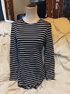 No Label Classic Black & White Striped Long-Sleeve Women's Dress